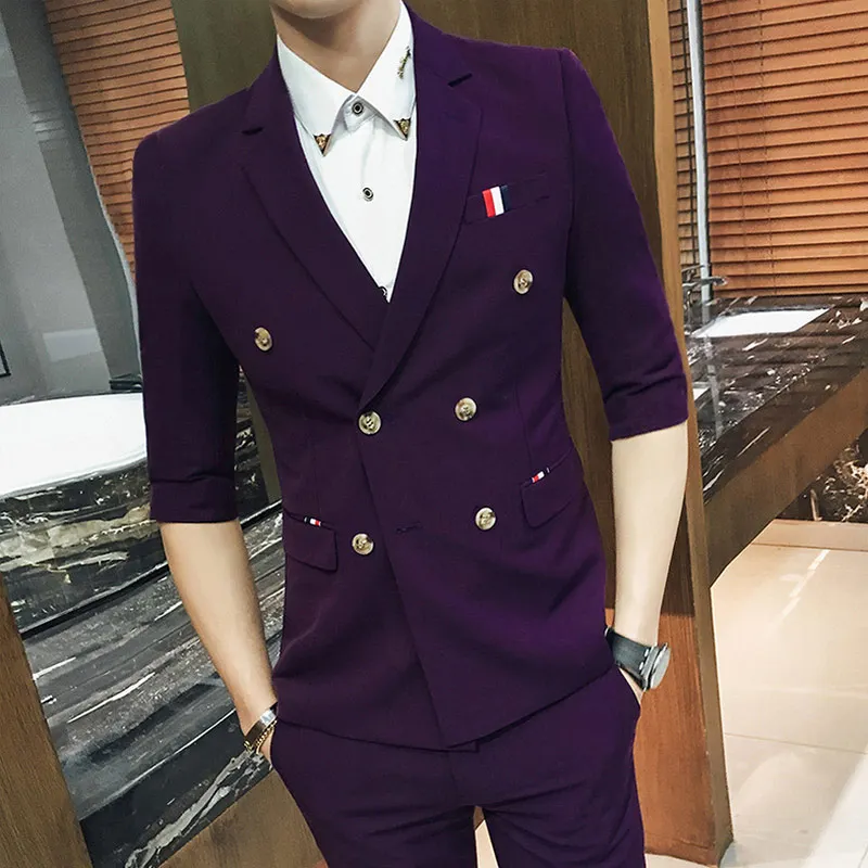 Костюм для сафари 7 цветов летние свадебные мужские костюмы двойной костюм с половинным рукавом с брюками Повседневный Блейзер Jaqueta Masculina Азиатский размер - Цвет: Фиолетовый
