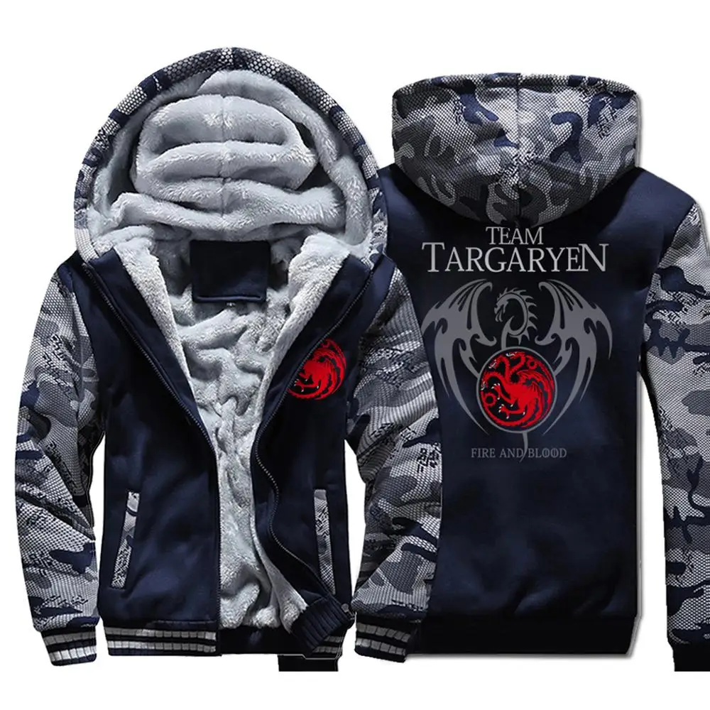 لعبة من عروش Targaryen النار و الدم أزياء الرجال مقنعين 2019 الشتاء الدافئة الرجال رشاقته هوديس عارضة معطف سترة