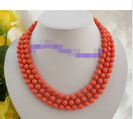 

Free shipping@@@@@ charming 3strands 8mm genuine round pink coral beads necklace