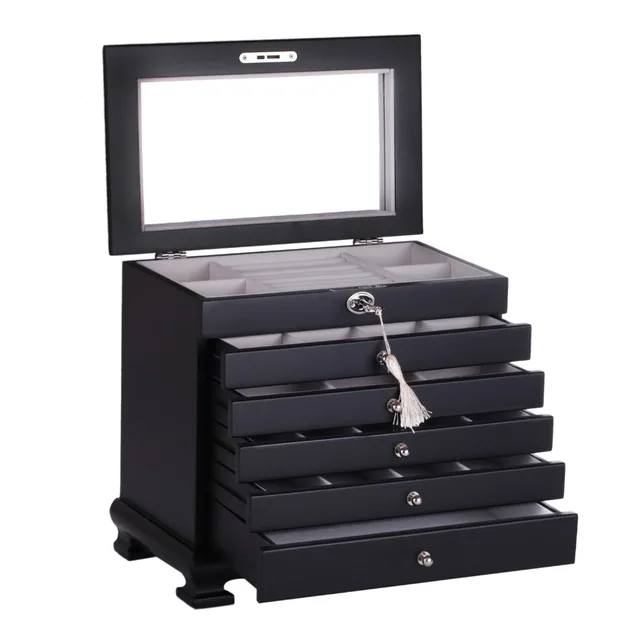 Luxury Large Wooden Jewelry Box Black Jewellery Organizer Cabinet Luxury Large Wooden Jewelry Box Black Jewellery Organizer Cabinet Mirror Storage Case Armoire Casket For Necklace Earings Key 16