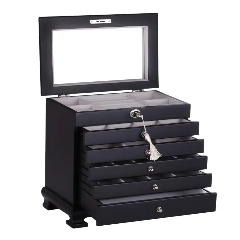 Luxury Large Wooden Jewelry Box Black Jewellery Organizer Cabinet