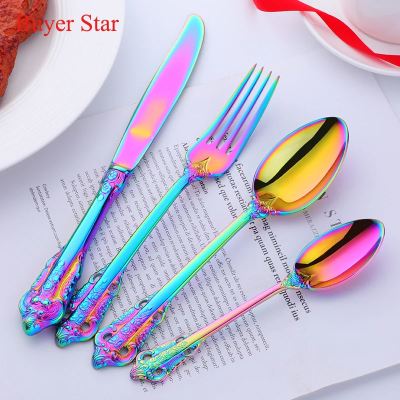 

16pcs Western Tableware Stainless Steel Dinnerware Rainbow Color Fork Scoop Knife Set Christmas Gift