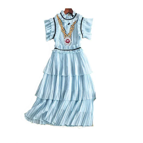 

Summer Sequins Pleated Layer Mid-calf Dress 2018 Women dress Cascading Ruffle Light Blue Brand stringy selvedge Party Dresses