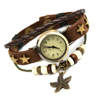 

Bronze Buckle Genuine Leather Chain Starfish Watch Bracelets Handmade Beaded Bracelet Men Retro Bracelet &Bangle PK-130