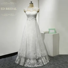 A Line Illusion Scalloped Neckline Layered Lace Wedding Dress Cap Sleeves Keyhole Corset Back Bridal Gown with Sash