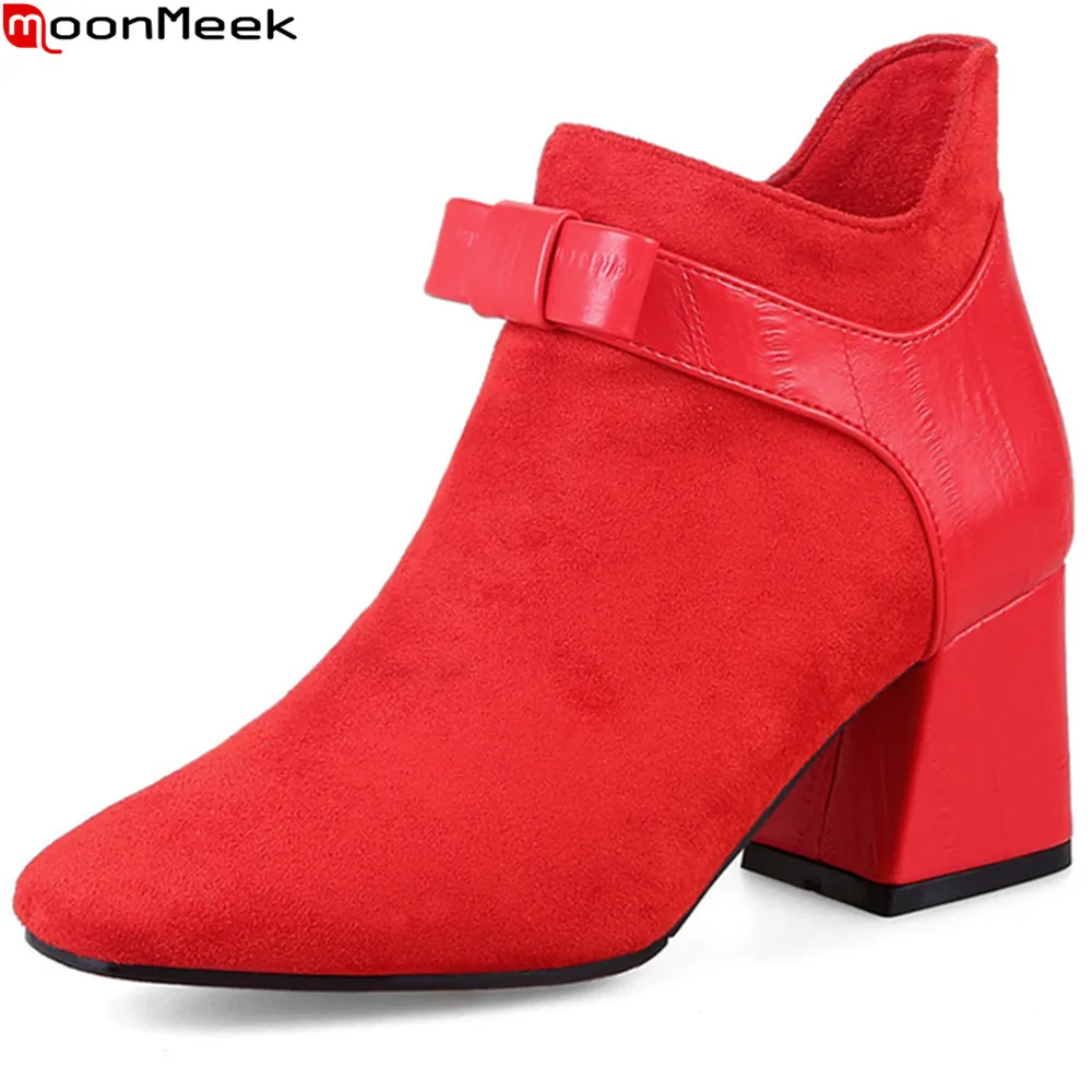 

MoonMeek black red fashion autumn winter new arrival women shoes square toe ladies boots zipper square heel ankle boots