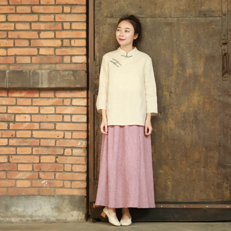 LZJN Women High Elastic Waist A-Line Solid Spring Summer Casual Long Skirts Vintage Female Cotton Linen Midi Skirt  (8)