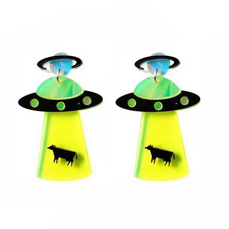 

2019 New Arrival Personality Acrylic Geometric UFO Spaceship Flying Saucer Alien Dangle Drop Earrings For Girl Women Jewelry
