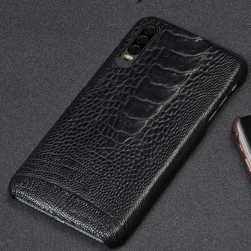 Чехол из натуральной кожи страуса для мобильного телефона huawei p30 Lite pro P20 mate 20 30 Y9 Y6 задняя крышка для Honor 10i 20 Pro v20 8x 9X - Цвет: Черный