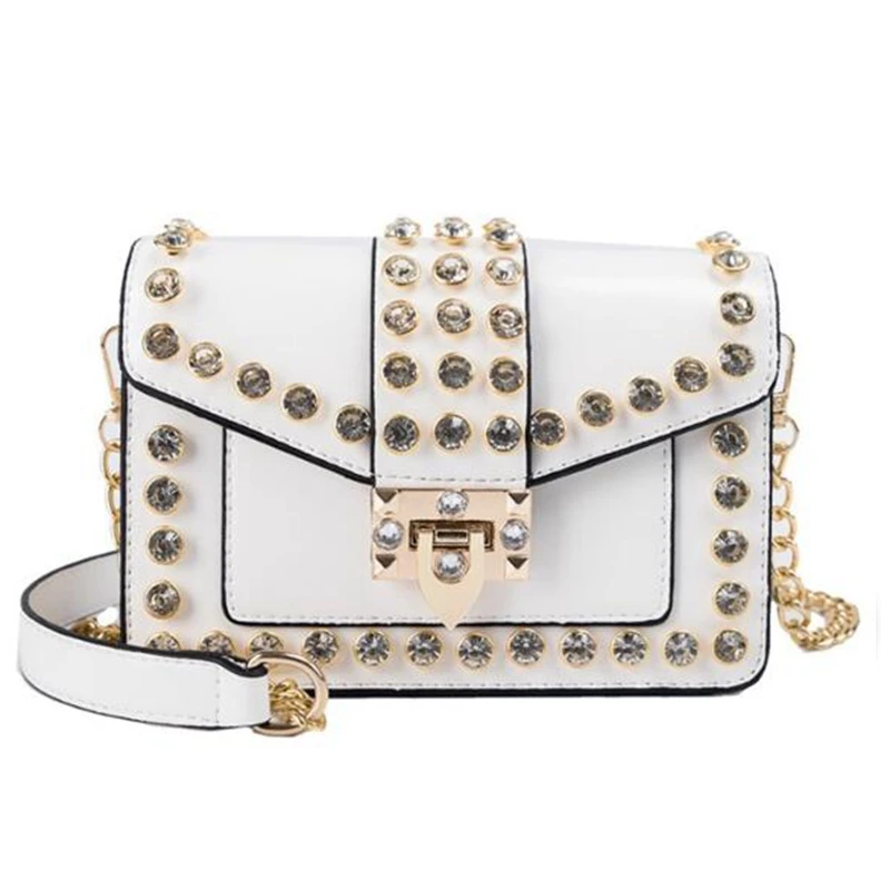 

FGGS-Rivet Flip Cover Summer New Pu Handbag Ladies Diamond Chain Shoulder Messenger Bag
