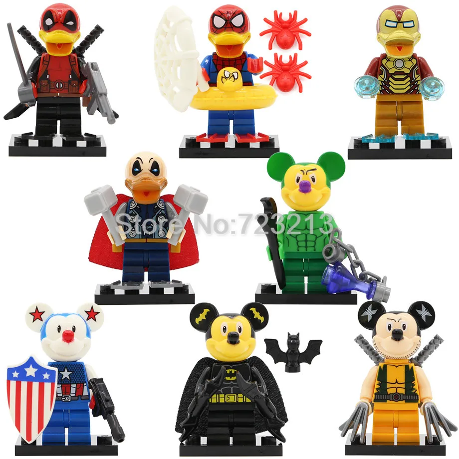 

Single Sale Super Hero Figure Set Deadpool Spider-Man Iron Man Thor Duck Set Batman Hulk Mouse Building Blocks Model Bricks Toy