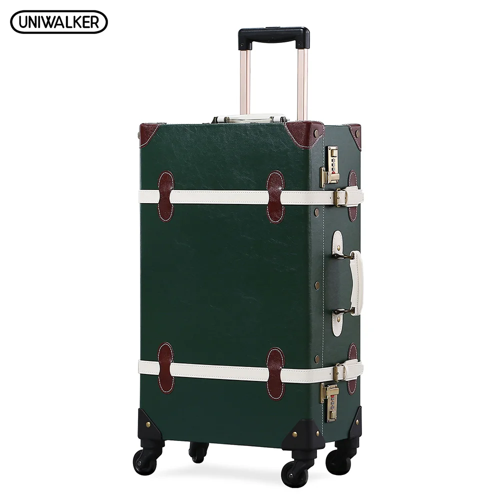 UNIWALKER PU Leather Dark Green Retro Rolling Luggage 20''22''24''26
