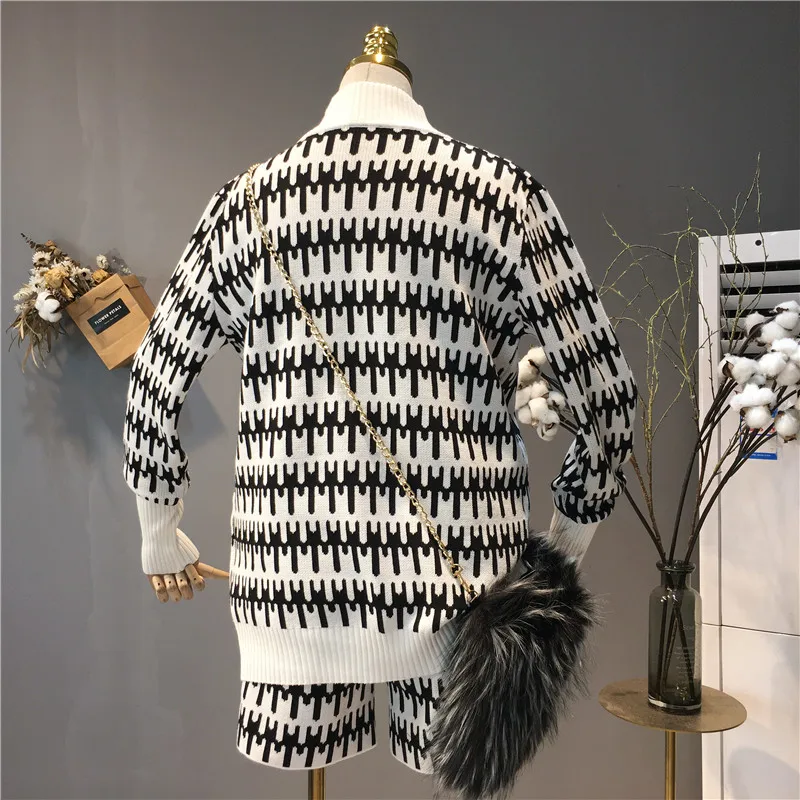 Женская водолазка с длинным рукавом, пуловер, свитер и шорты, набор, Осень-зима, винтажный узор, жаккардовый вязаный комплект из 2 предметов