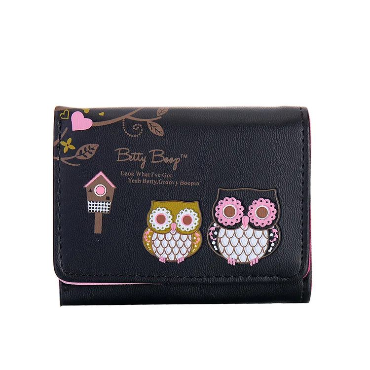 Милый мультяшный женский кошелек, короткий, 3 сложения, студенческий кошелек для карт, кошелек с рисунком совы, кожаный кошелек для мелочей, маленький кошелек