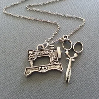 

The Sewer's Necklace - Sewing Machine and Scissors in Antique Silver