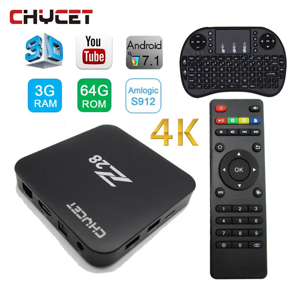 

Chycet Z28 Android TV BOX Amlogic S912 3GB RAM 64GB ROM Android 7.1 Smart tv box WIFI media player LAN H.265 4K set top box