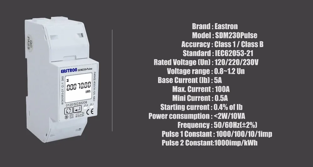 SDM230-Pulse CE 100A однофазный счетчик энергии на din-рейке ватт-час кВтч метр, фотоэлектрический счетчик солнечной энергии без середины