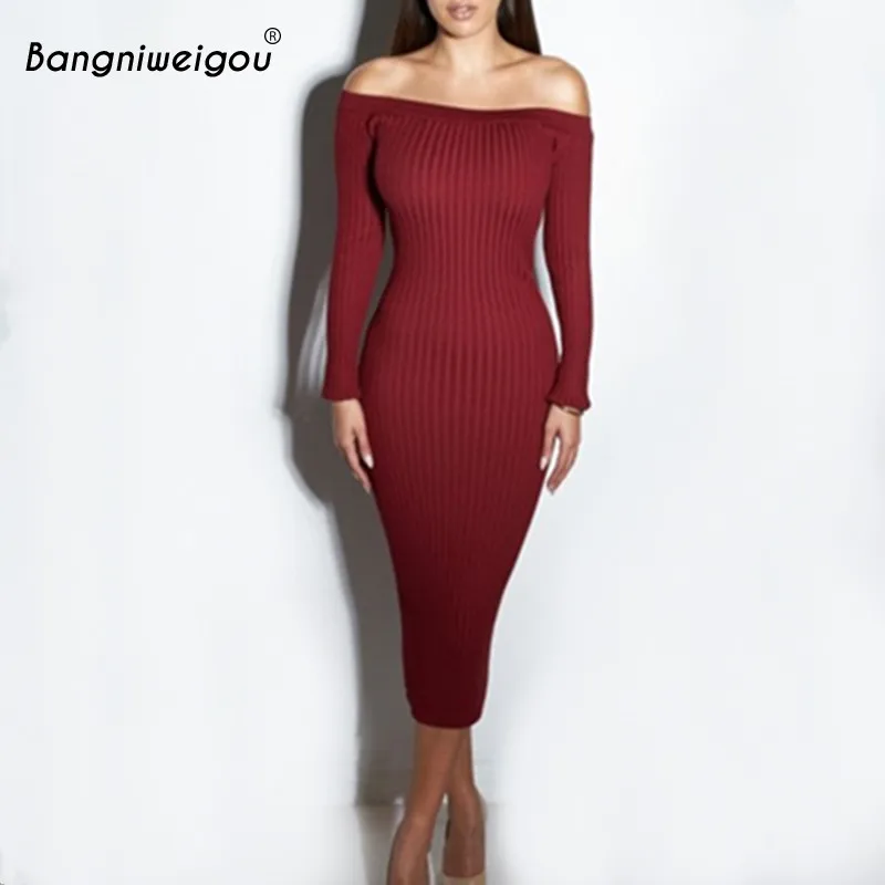 

Bangniweigou Classy Slash Neck Rib Knit Long Sleeve Autumn Sheath Women Elegant Bodycon Long Dress Plus Size Casual Party Dress