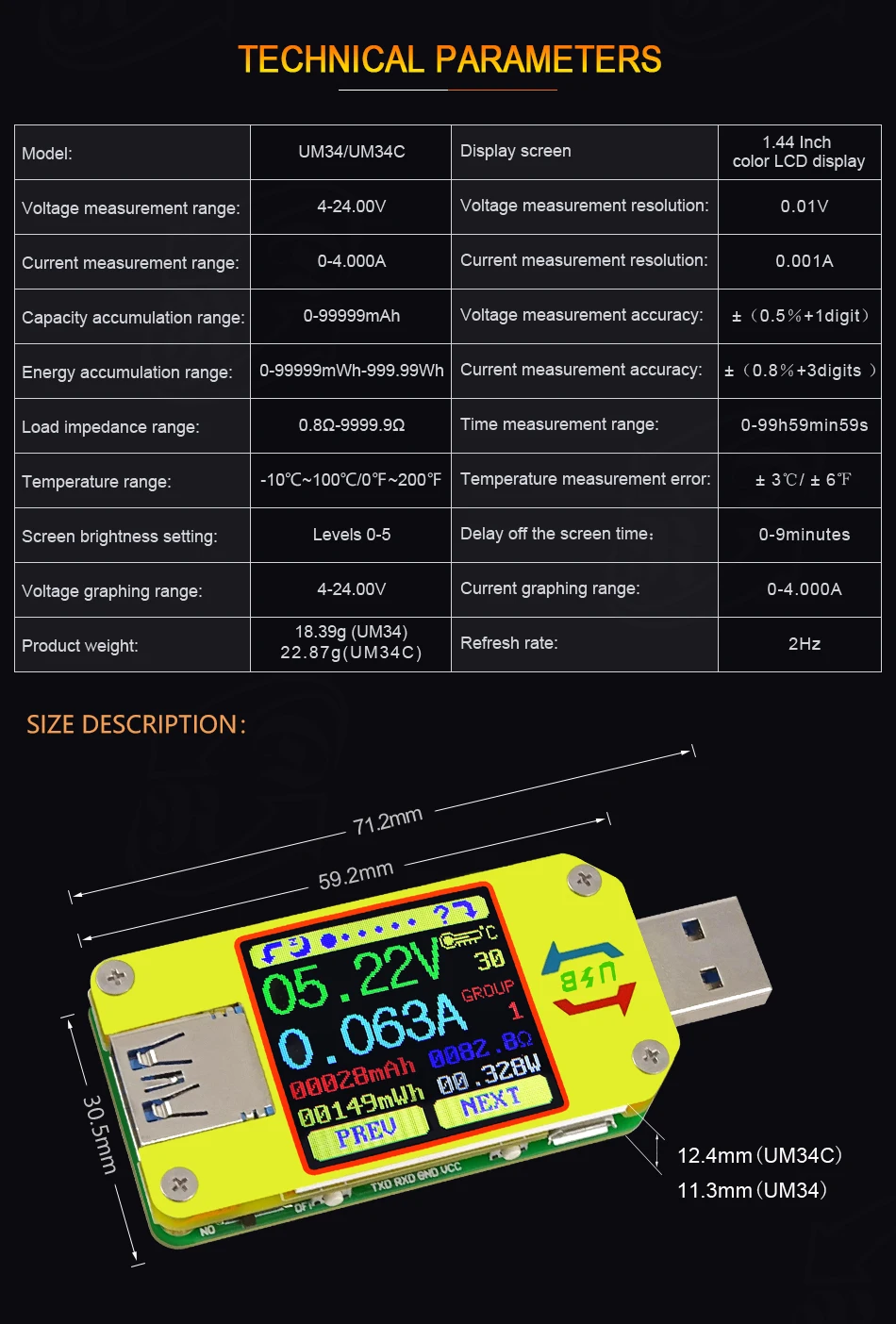 UM34/UM34C UM24/UM24C UM25/UM25C Цвет ЖК-дисплей Дисплей USB Напряжение тестер Измеритель величины тока аккумулятор вольтметра зарядки измерения