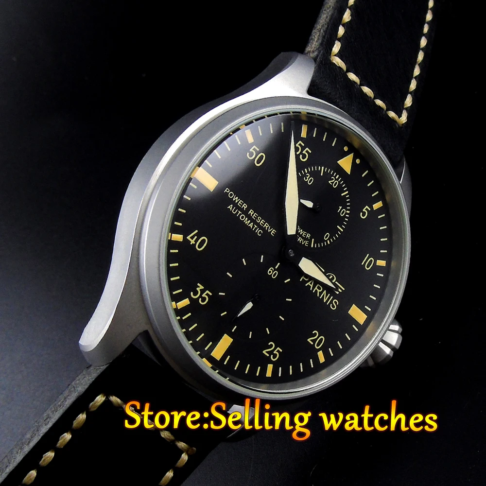 47mm Parnis black dial Power Reserve Brushed Case Yellow Numbers automatic Men Watch