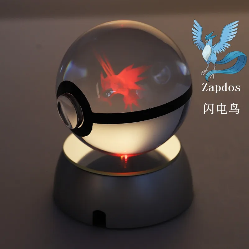 

3D Laser Pokemon Ball Engraving Zapdos Round Crystal With Black Line Nice Fashion Ball 50*50mm With LED Base 80*80mm Gift