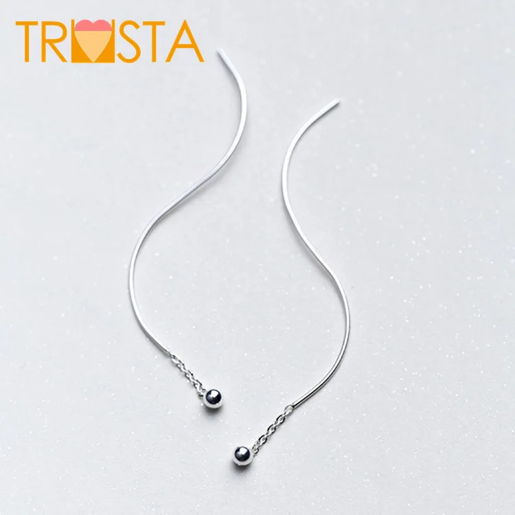 

ElfoPlataSi 100% 925 Solid Real Sterling Silver Stud Earrings Waves Beads 6cm Linked Drop Stick Girls Friends Gift XY956