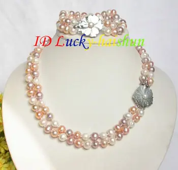 

natural 17" 8" 2row round Multicolor pearls necklace bracelet set