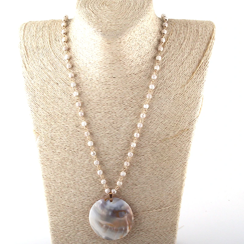 

MOODPC Fashion Bohemian Tribal Jewelry 6mm White Stone Rosary Chain Shell Pendant Necklaces For Women Ethnic Necklace