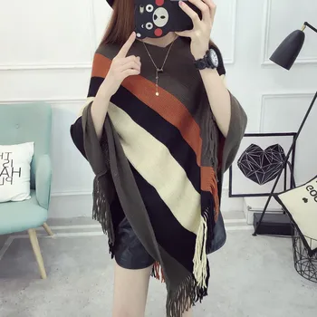 

Long Loose tassel shawl Sweater Cardigan coat large size knitted cloak hooded bat shirt fashion Wild Knitwear Jacket Poncho NEW