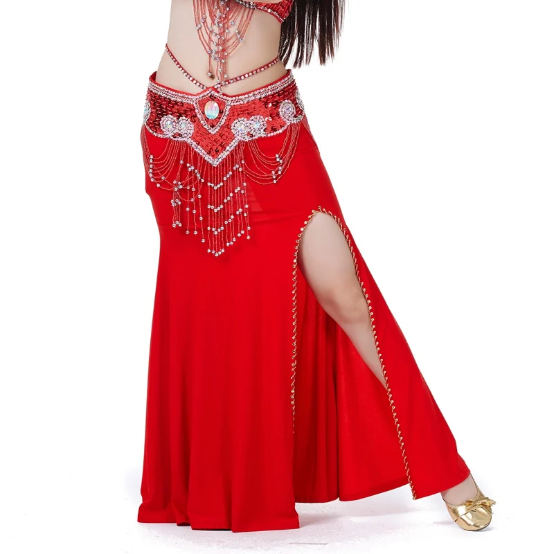 Сексуальный профессиональный женский костюм для танца живота, платье с разрезом, Модальная хлопковая юбка, платья, 7 цветов, L4 KR2 - Цвет: Красный