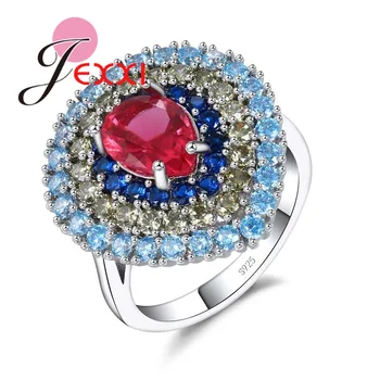

Luxury Colorful Crystal Jewelry 3 Multilayer Water Drop Finger Ring for Women 925 Sterling Silver Red Stone Bague