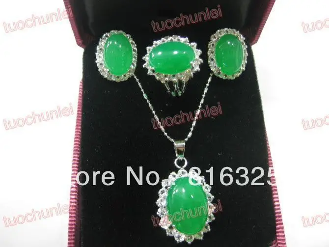 Hot sell -@&gt &gtPretty Green Jade Crystal Gem inlay Lucky Pendants Necklace Earring Ring Set Natural jewelry -Top quality free shi |