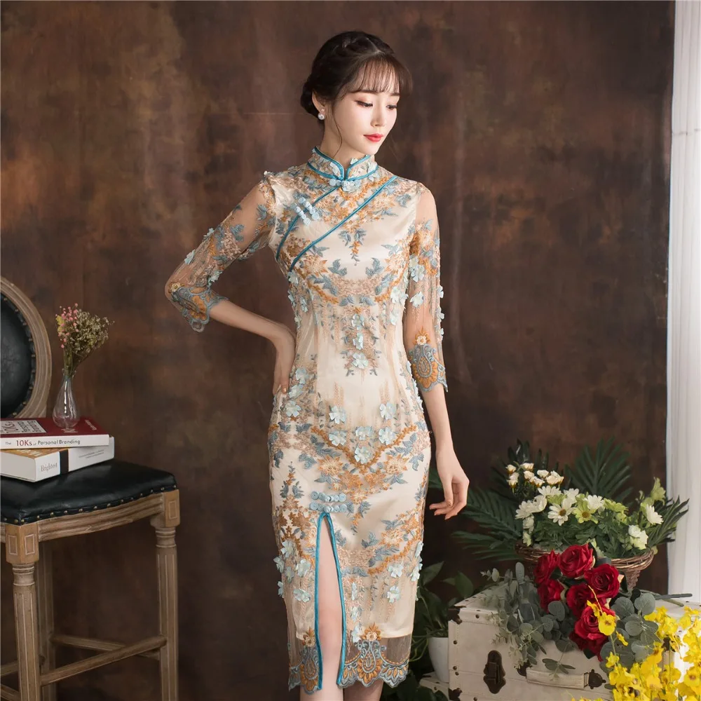 Shanghai история высокое Разделение рыбий хвост длинное платье Qipao Cheongsam шнурок китайский Oriental платье Русалка китайский Для женщин платья