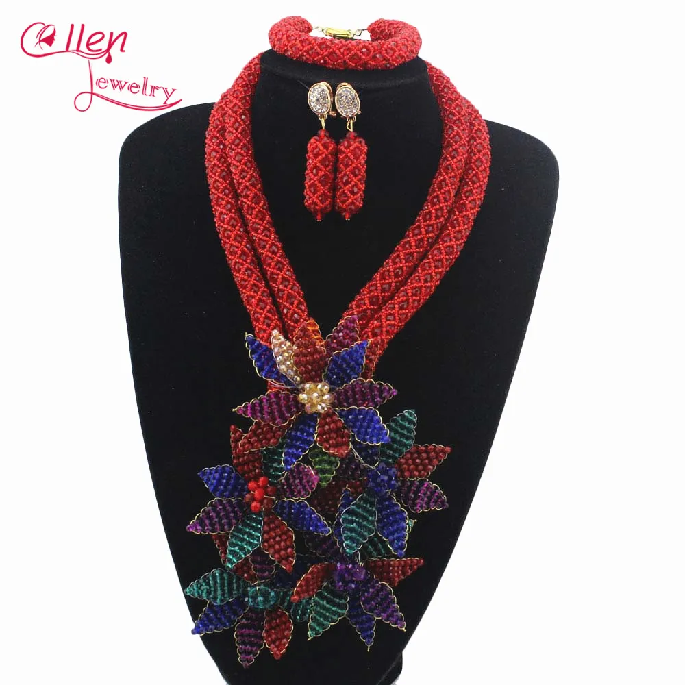 

Flowers Pendant Necklace Bracelet Earrings Colorful Crystal African Beads Jewelry sets Women nigerian Wedding beads W13672