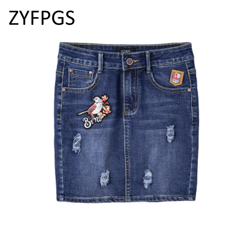 

ZYFPGS 2019 Denim Skirt Birds And Flowers Pants For Women Summer Mini Pencil Skirt Original Brand Design EmbroideryZ0505