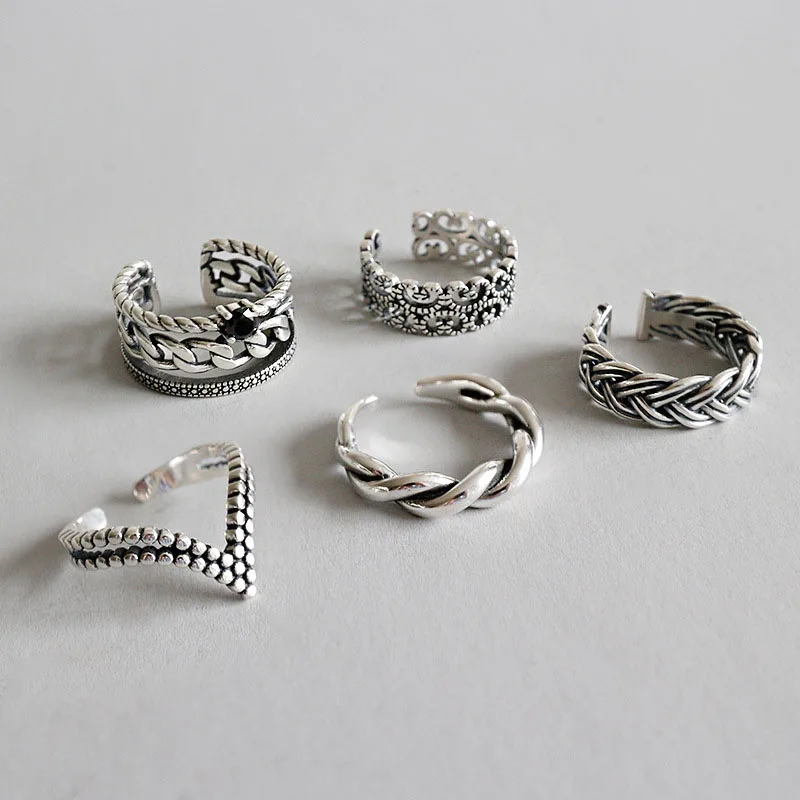 

925 Sterling Silver Rings Vintage Wide-faced Chain Carved Open Ring Irregular Special Design Hiphop Fine Jewelry WDR009