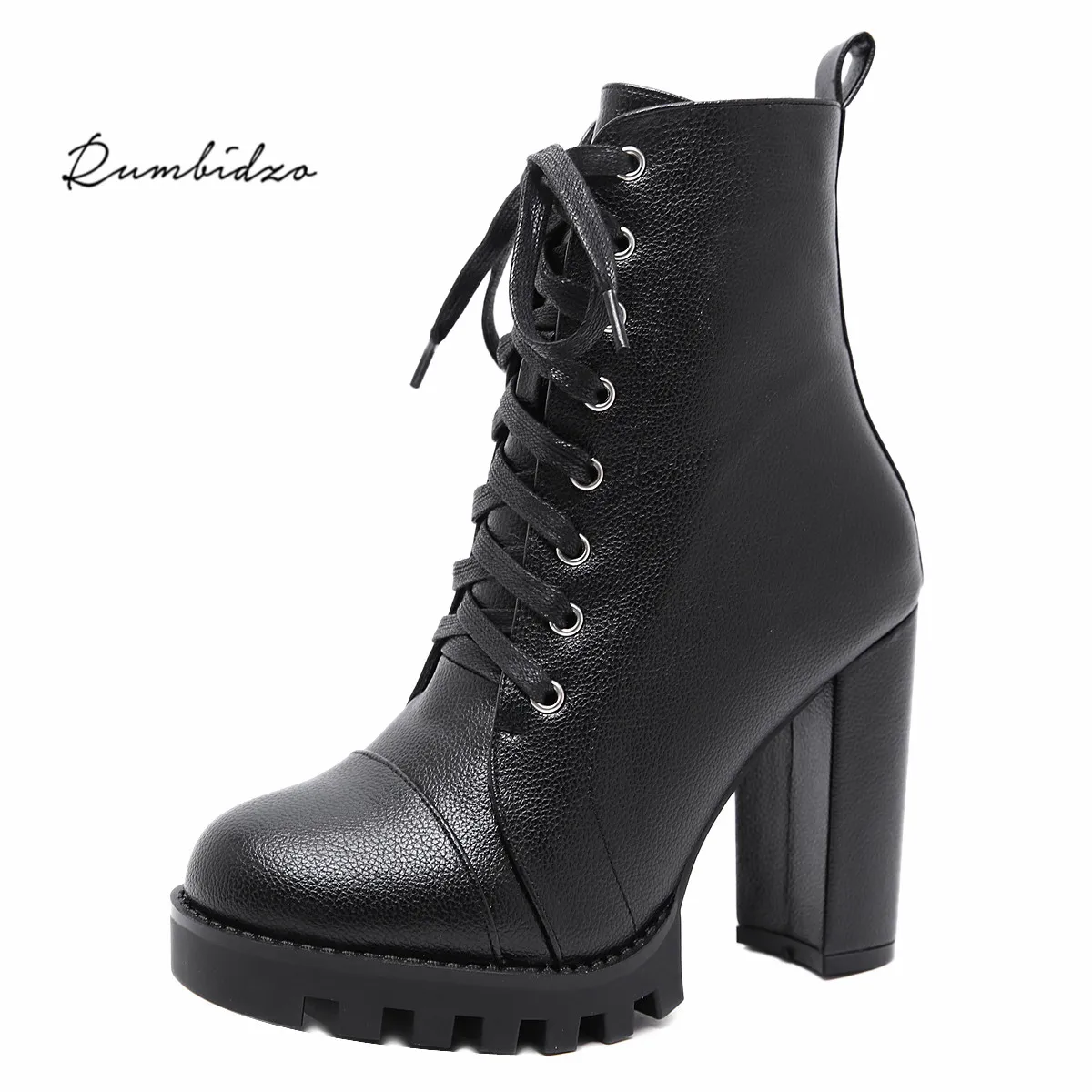 

Rumbidzo Fashion Women Boots Roudn Toe Platform Boots Woman Winter Chunky Heels Bootie Cross-tied Zipper Warm Botas