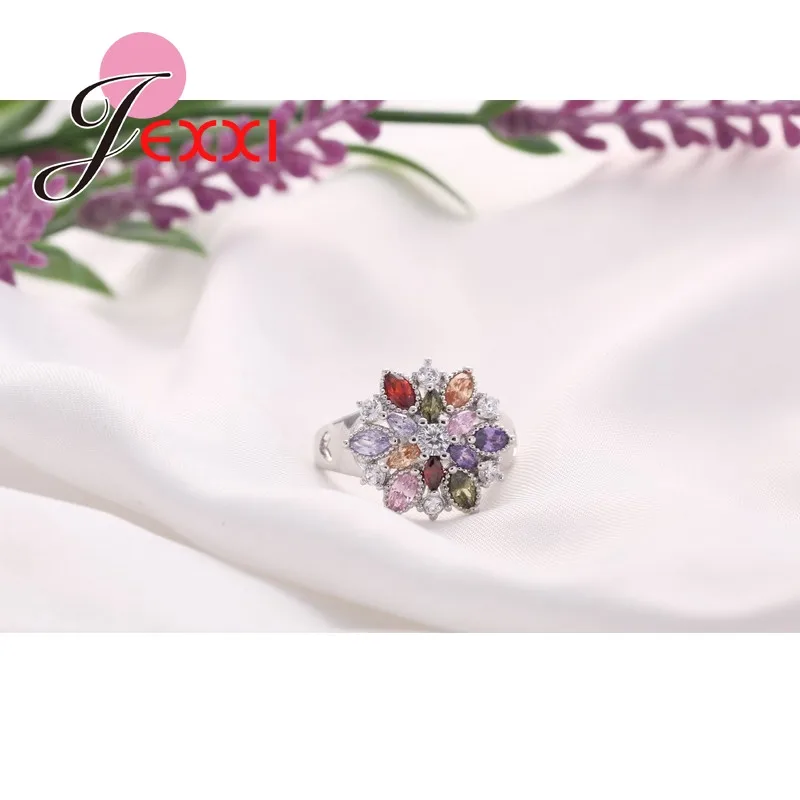 JEXXI Fashion Colorful CZ Crystal 925 Sterling Silver Jewelry Party Finger Ring for Women Wedding Engagement Rings Bijoux