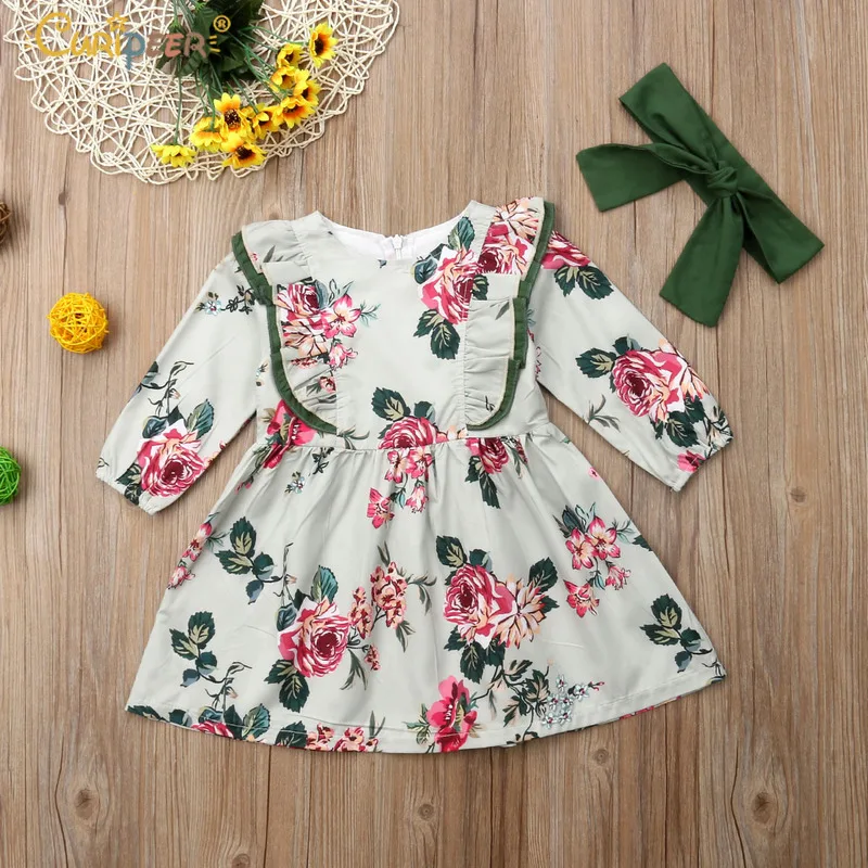 

Kids Dresses for Girls Infant Baby Girl Spring Autumn Floral Long Sleeve Party Pageant Prom Dress+ Headband 2Pcs Dress Elegant