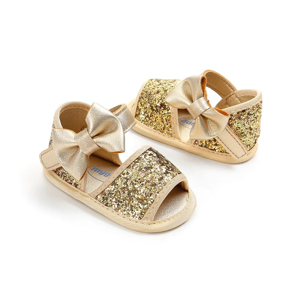 Brand Summer Sequin Bow Girls sandals PU Leather Princess sandals Gift baby moccasins Anti-slip Baby infant sandals