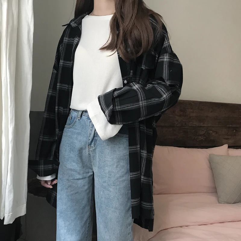 

Lychee Girls Vintage Plaid Long Sleeve Spring Autumn Women Blouse Turn Down Collar Shirt Casual Loose Blouse Female