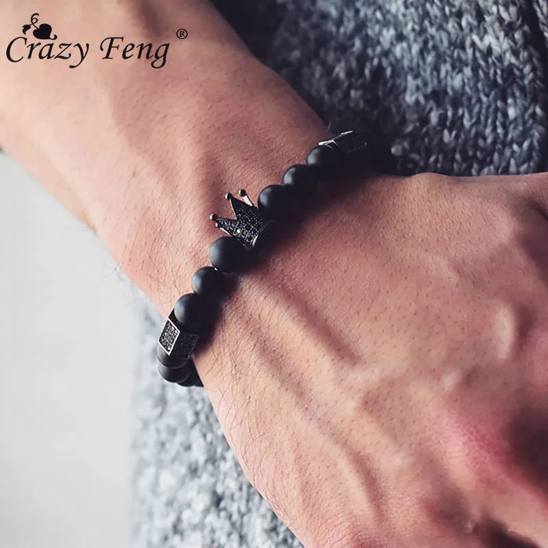 Crazy Feng Винтаж с черным натуральным камнем бусины браслет для мужчин Jewelry Шарм Лава камень Pulseira Hombres мужской ювелирные изделия