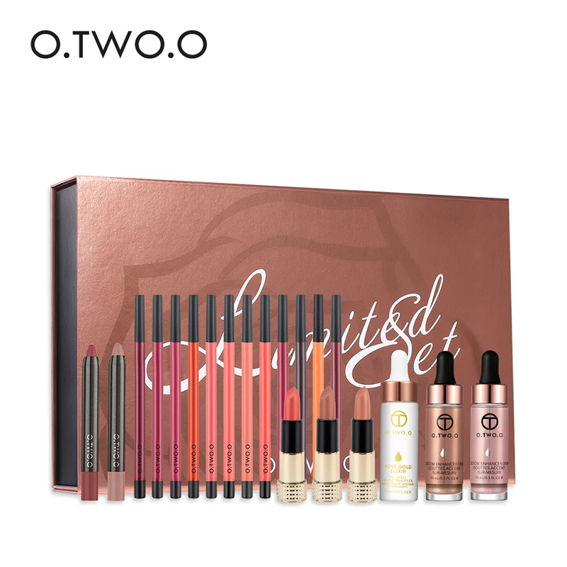 O.TWO.O 20Pcs Makeup Set Matte Lipstick Pencil Liquid Highlighter Face Primer Rose Gold Essential Oil Lip Liner Christmas Gift