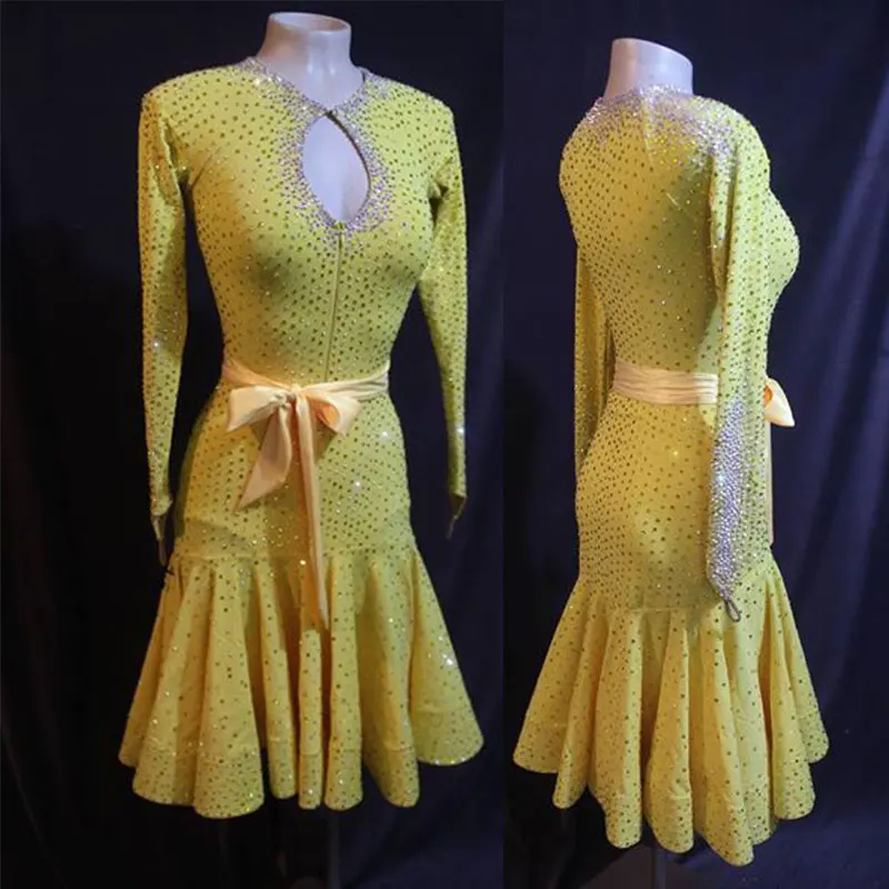 

Latin dance competition dress Dress yellow longsleeve Rhinestone latin ballroom dance dress Rumba Foxtrot dance dresses