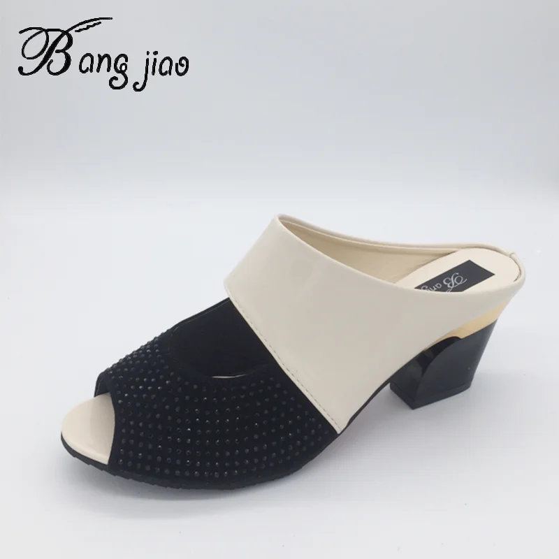 

Sexy Women Shoes Summer Peep Toe Slides Party Evening Chunky High Heels Slipper Crystal Ladies Slides Sandals zapatos mujer 2019