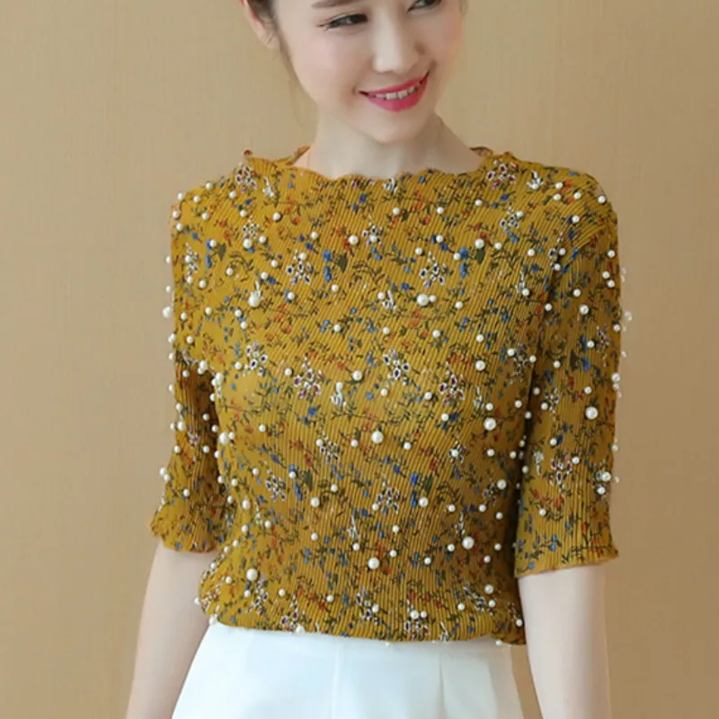 

2018 Summer short sleeve O neck bead work pearl chiffon shirts women fashion floral print chiffon blouses women pearl body tops