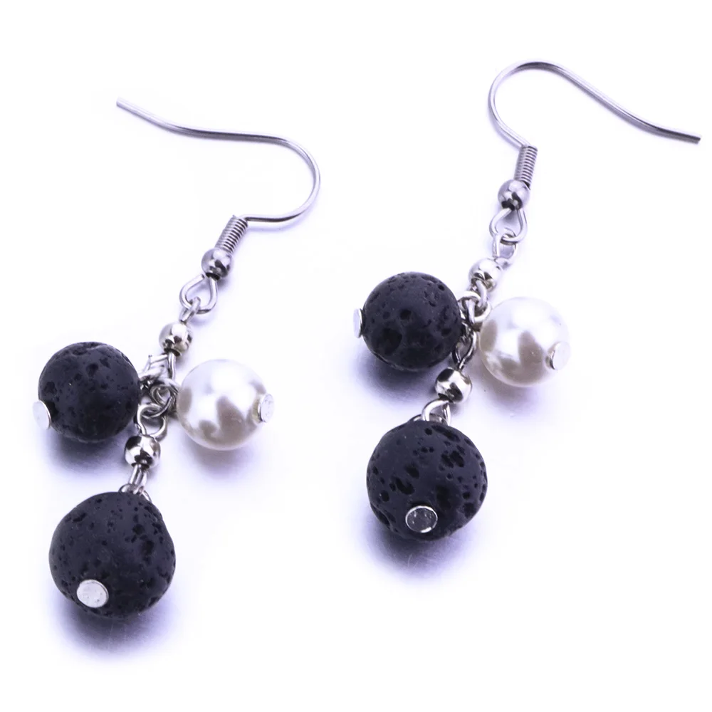 

8/10mm Lava Stone Matching High Imitation Pearl Dangle Earrings DIY Aromatherapy Essential Oil Diffuser Earings Jewelry Women