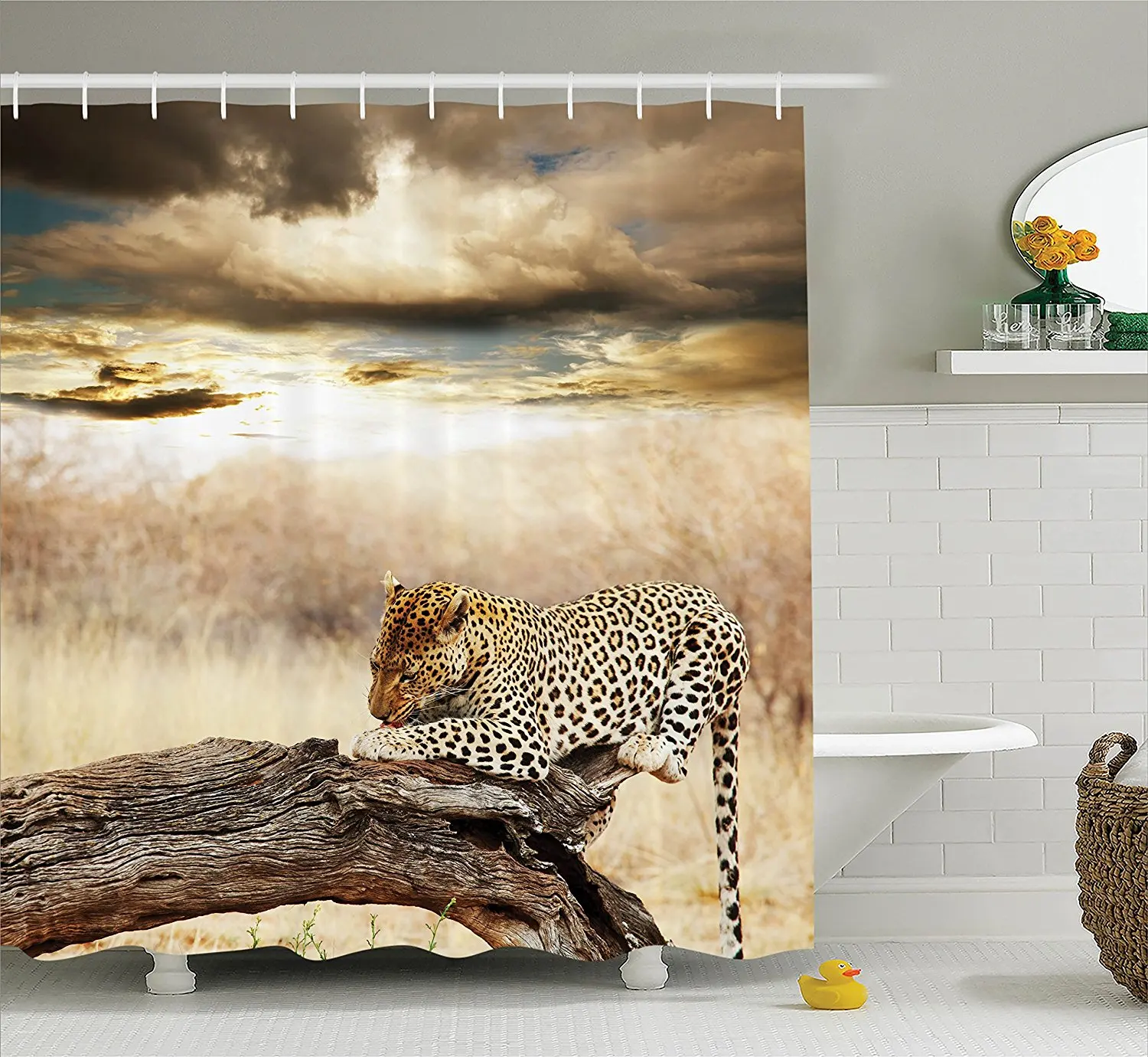 Safari Decor Shower Curtain Set Leopard Resting Under Dramatic Cloudy