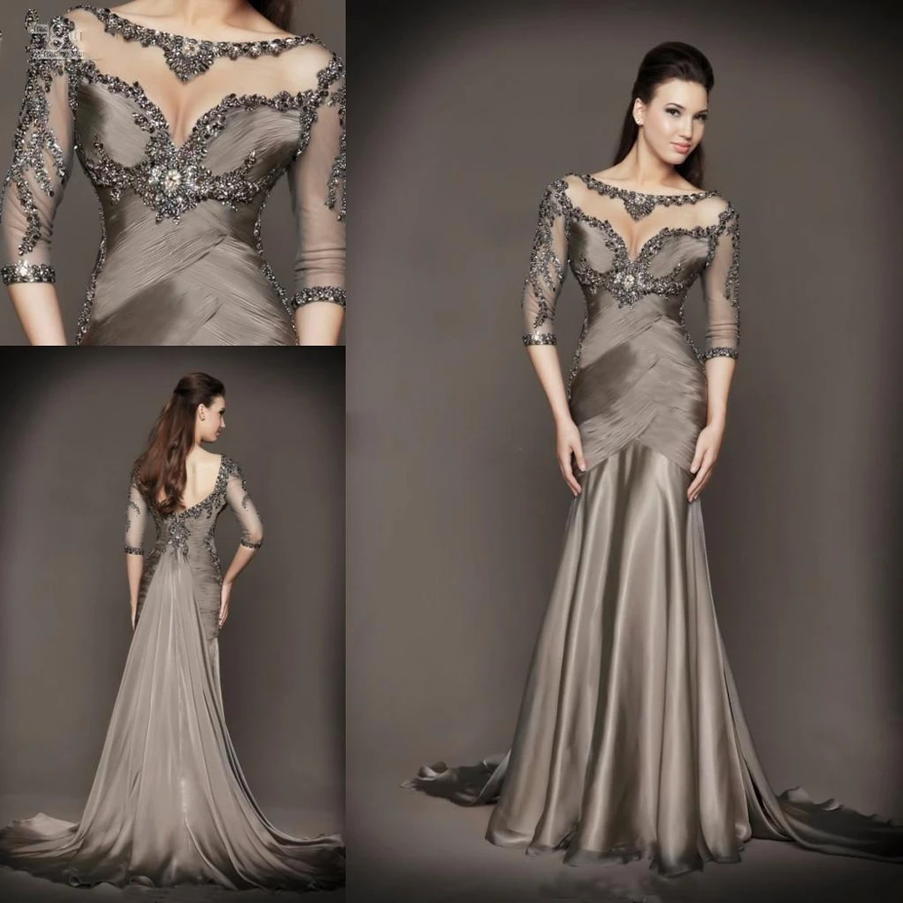 Scoop Neck Half Sleeves Stretch Satin Evening Dresses Gown Floor