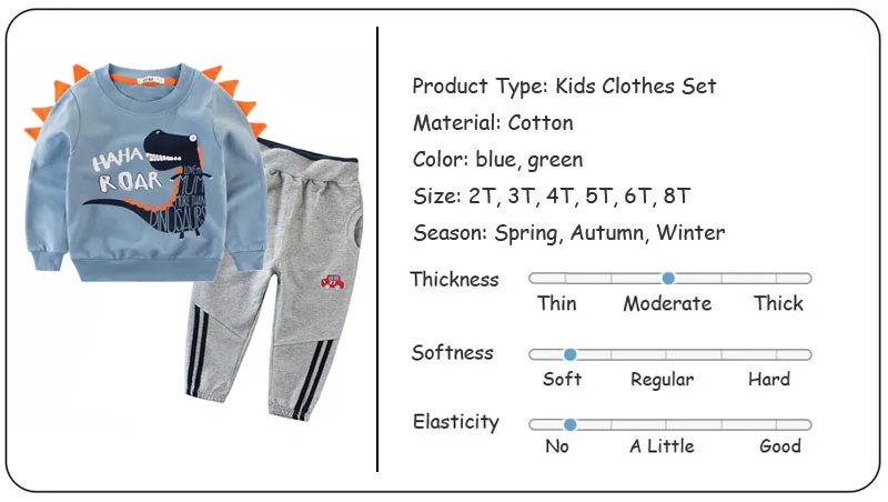 Комплект детской одежды из хлопка для мальчиков, осень, детские топы с мультипликационным принтом и штаны, комплект из 2 предметов для детей 2, 3, 4, 5, 6, 8, 9 лет, детская одежда с динозавром